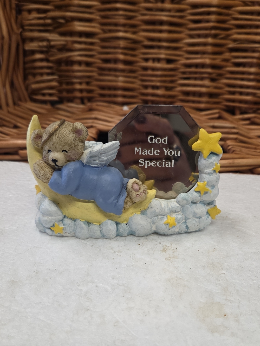 Blue Bear Angel on Yellow Moon Decorative Accent - God Made You Special